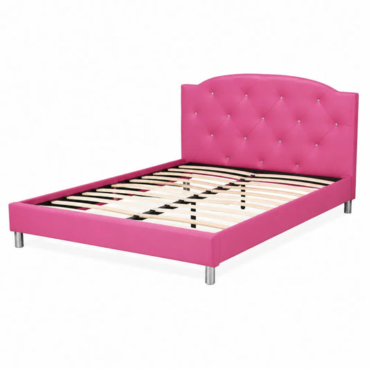 Letto singolo in pelle sintetica rosa con testiera imbottita