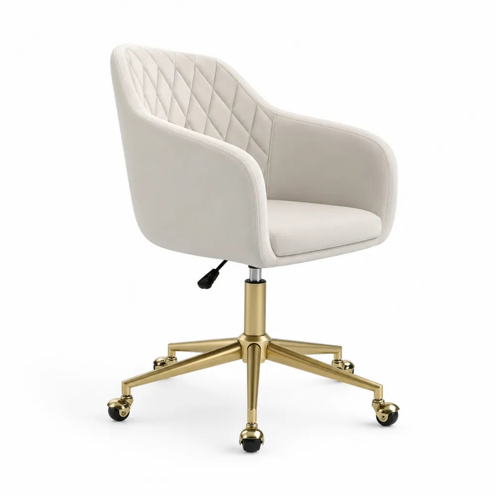 Poltrona da ufficio in pelle sintetica beige con base in metallo dorato