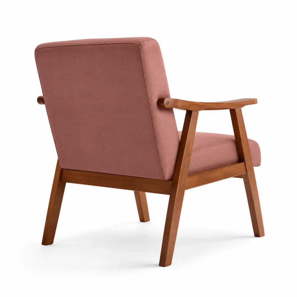 Poltrona in legno con rivestimento in tessuto rosa