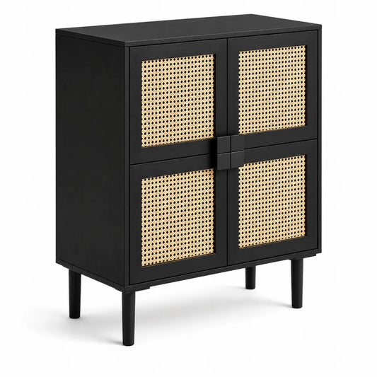Credenza in legno e rattan nero 80x40x100 cm