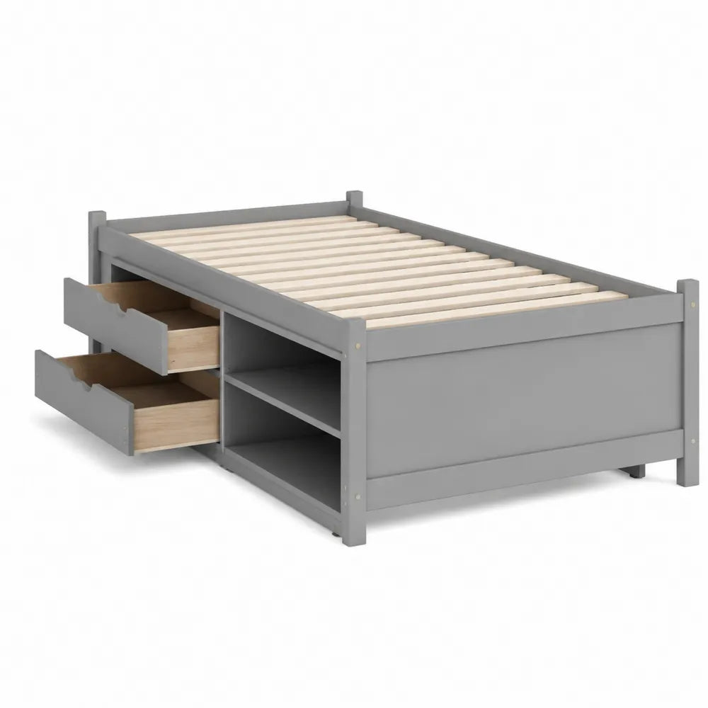 Letto singolo in legno con cassetti e scaffali 200x90 cm