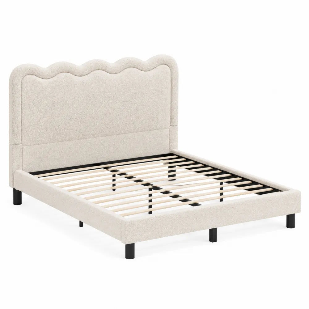 Letto matrimoniale in tessuto beige con testiera ondulata 160x200 cm