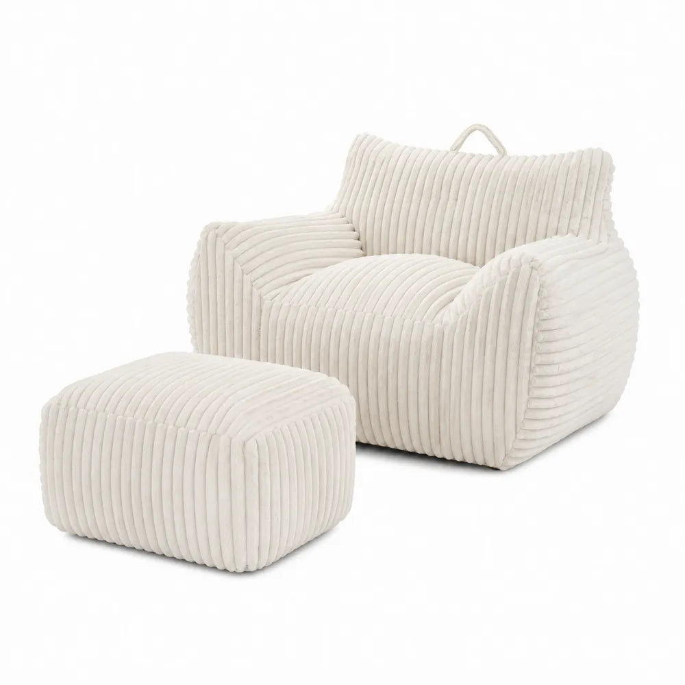 Set Poltrona e Pouf in Velluto a Coste Beige