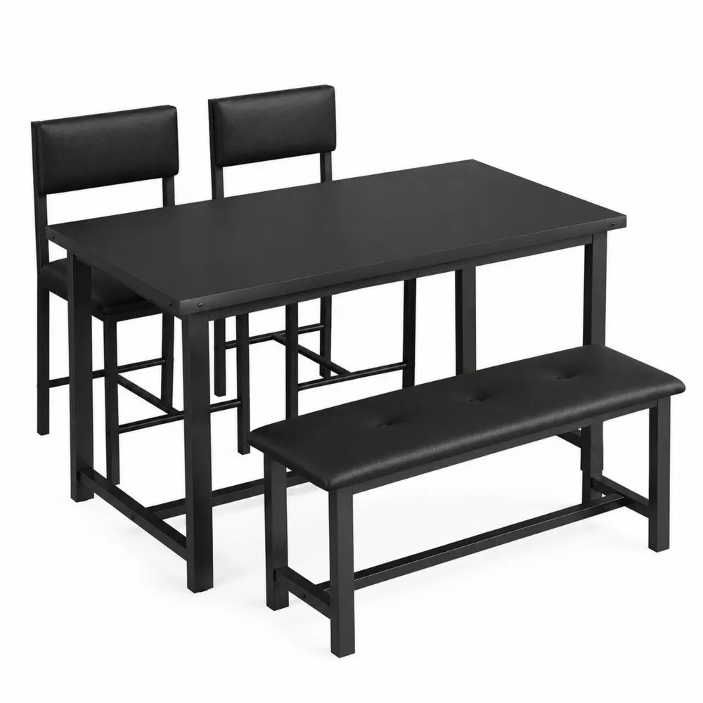 Set da pranzo in metallo con 2 sedie e panca imbottita nero