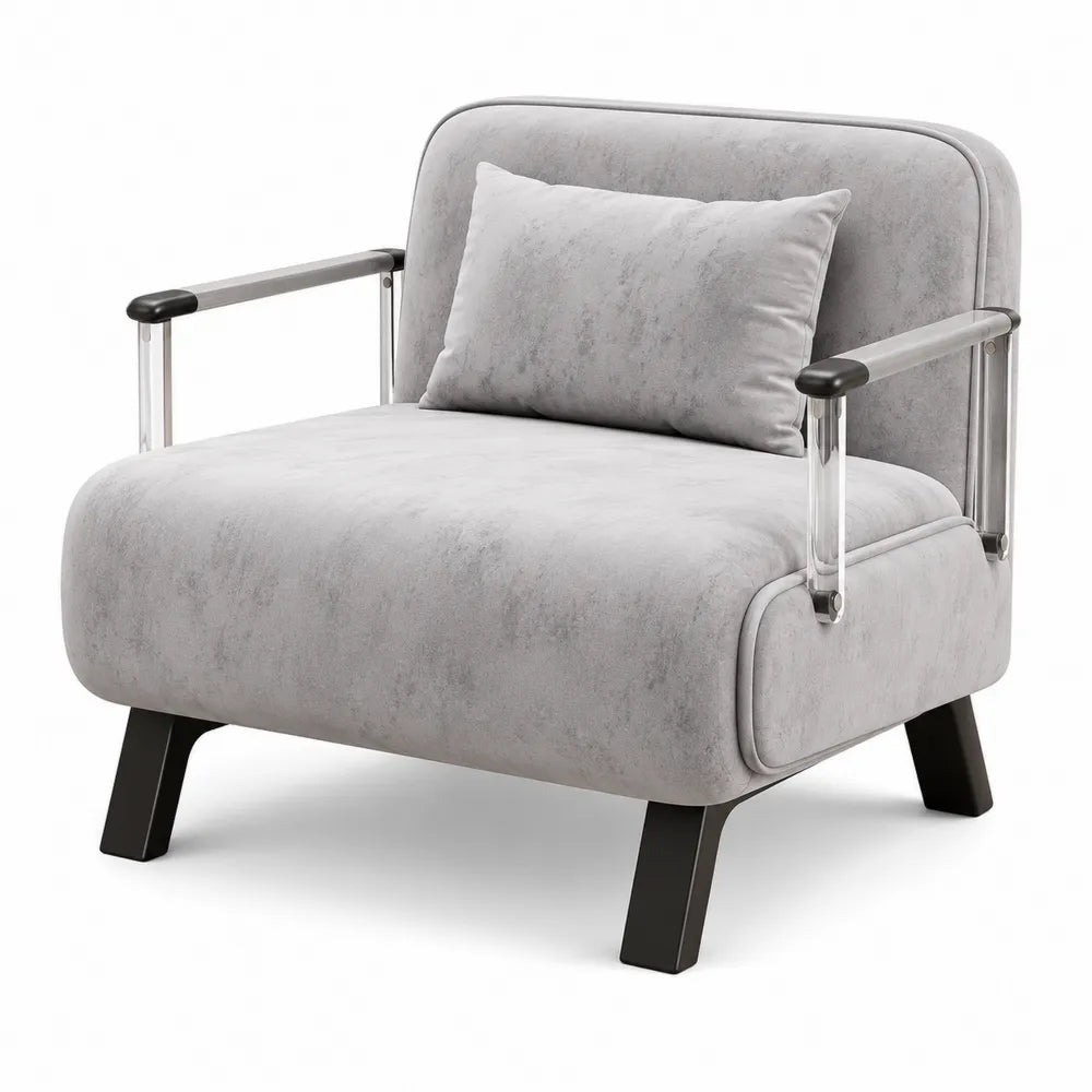 Poltrona in Tessuto Grigio con Struttura in Metallo e Gambe in Legno