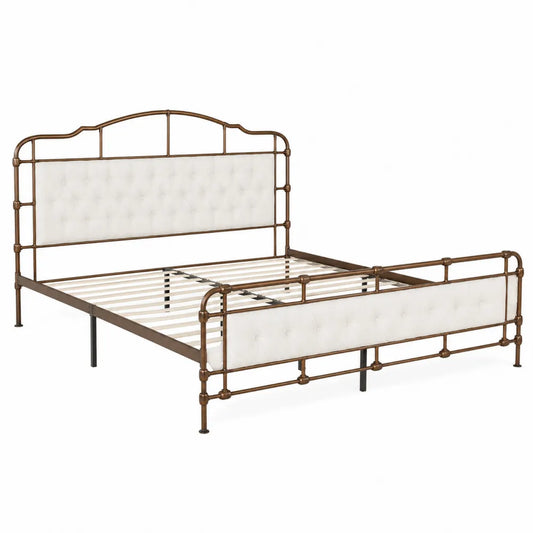 Letto Matrimoniale in Metallo con Rivestimento in Tessuto Bianco