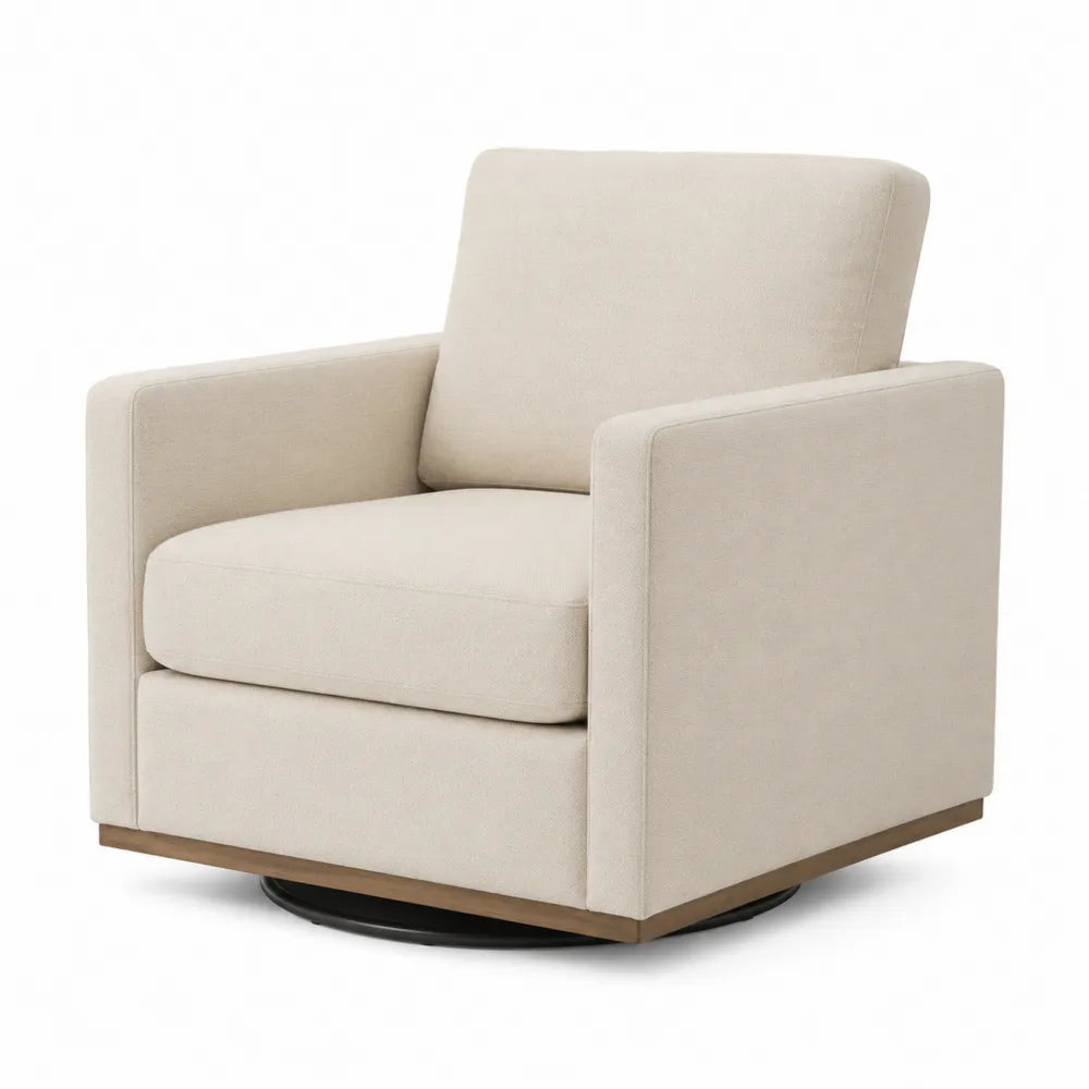 Poltrona girevole in tessuto beige con base in legno