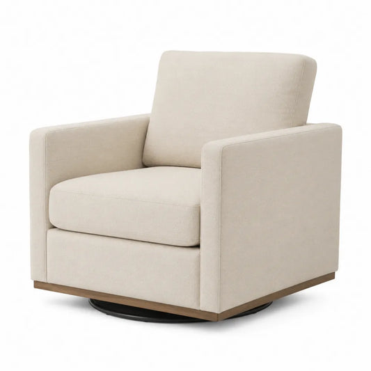 Poltrona girevole in tessuto beige con base in legno