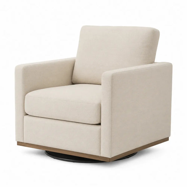 Poltrona girevole in tessuto beige con base in legno