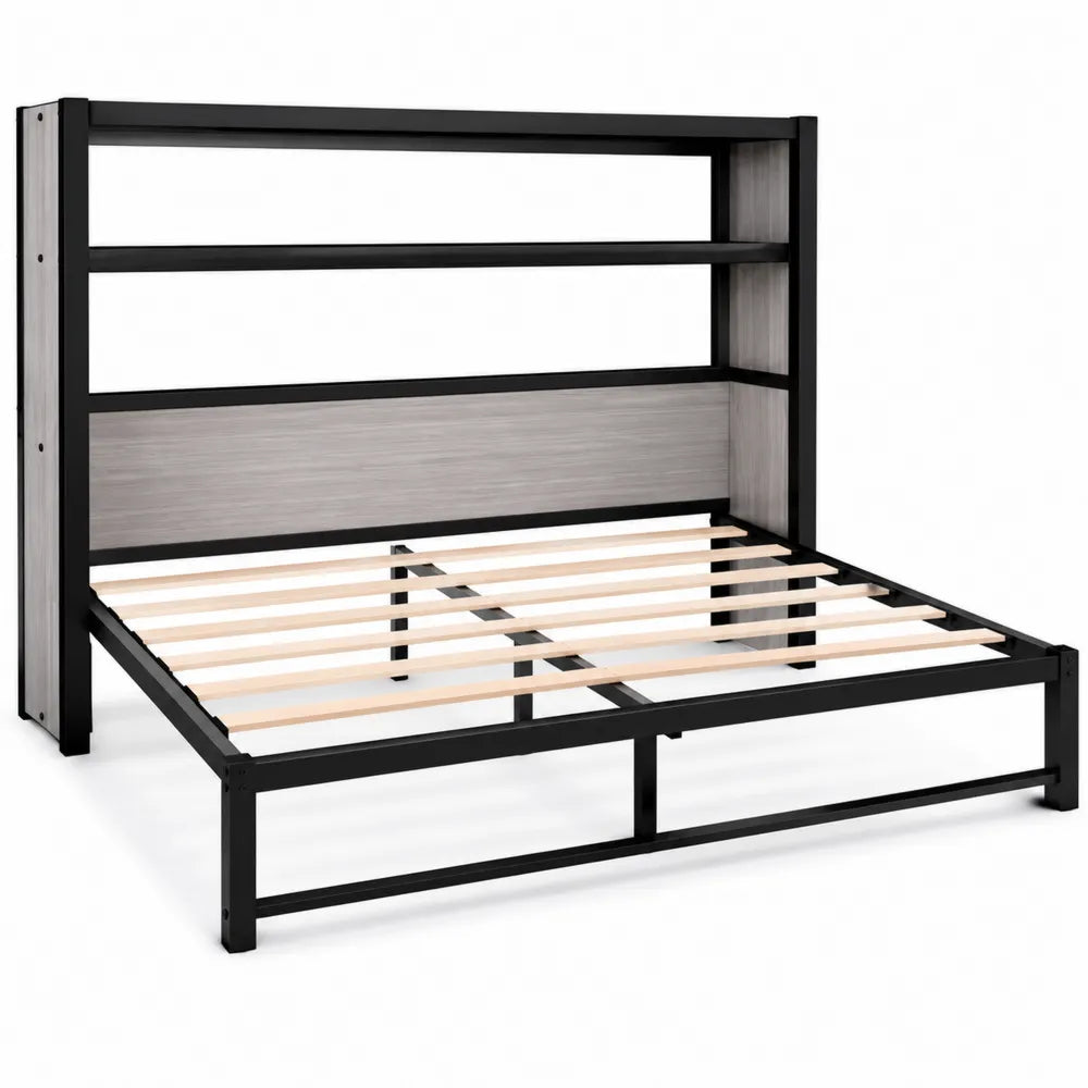 Letto matrimoniale in metallo nero con testiera libreria