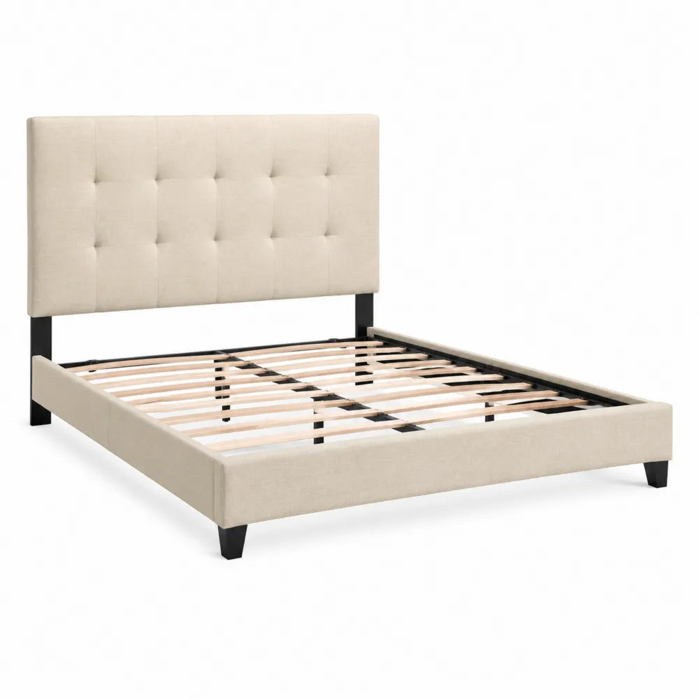 Letto matrimoniale in tessuto poliestere beige con struttura in metallo, 200x160 cm