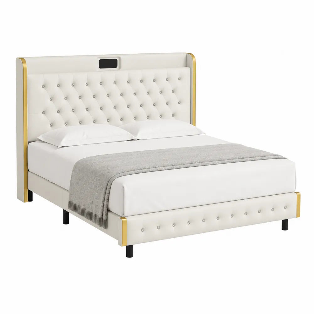 Letto matrimoniale in pelle sintetica bianco con dettagli dorati 160x200 cm