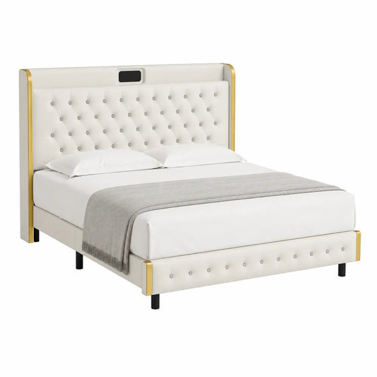 Letto matrimoniale in pelle sintetica bianco con dettagli dorati 160x200 cm