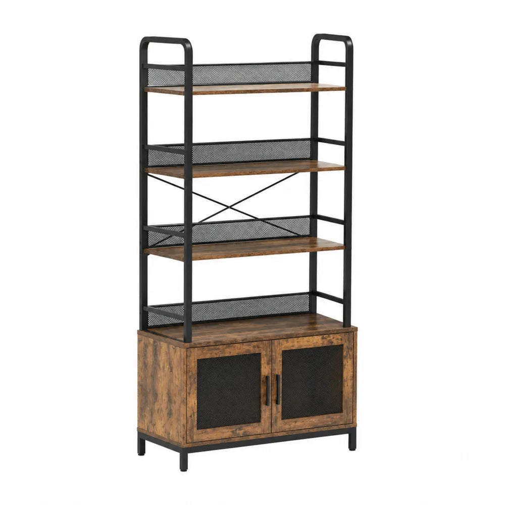 Scaffale in Legno e Metallo Nero con 5 Ripiani e 2 Ante 180x80x40cm