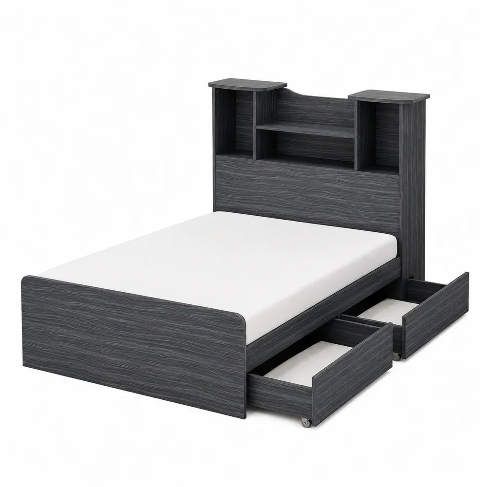 Letto Matrimoniale in Legno con Contenitore e Testiera Libreria Grigio Scuro