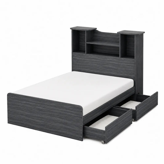 Letto Matrimoniale in Legno con Contenitore e Testiera Libreria Grigio Scuro
