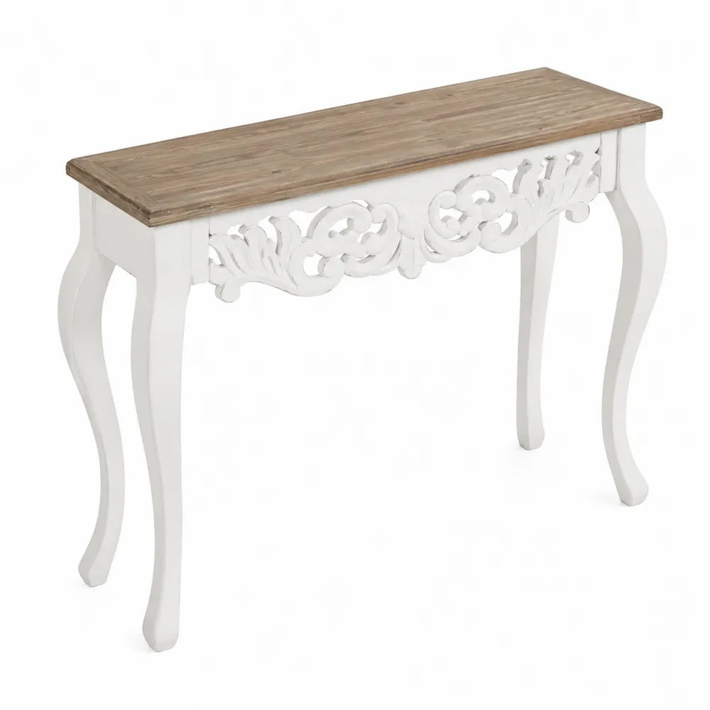 Consolle in legno bianco e legno naturale con intagli decorativi